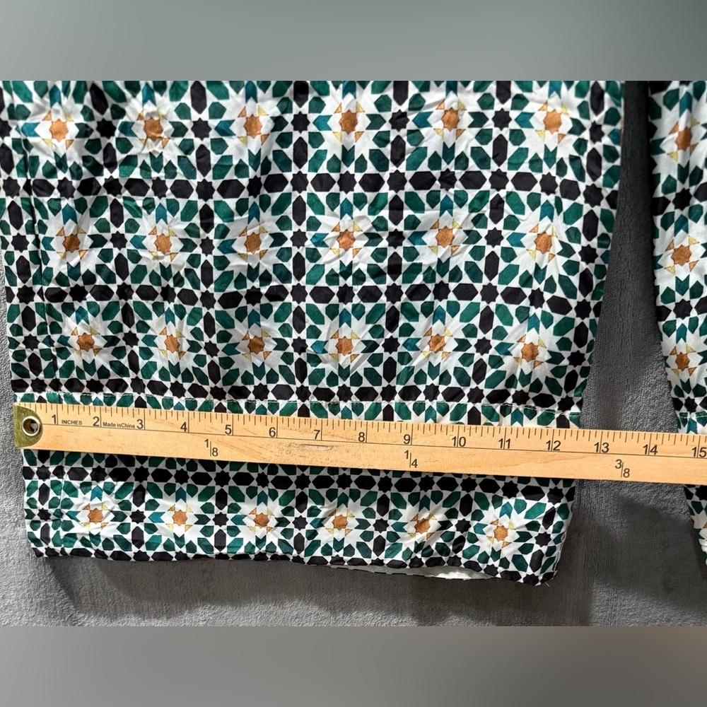 Theory 100% Silk Green Geometric Print Wide Leg Trouser Pants Size S Bohemian - Picture 6 of 9